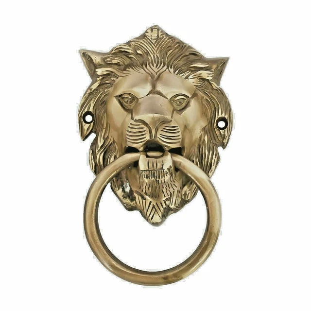 Victorian Handmade Lion Face Brass Door Knocker Decor Doorbell, 5.5" In 0.66 lbs