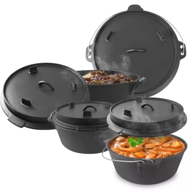 Dutch Oven Set Deckelheber BBQ Gusseisen Feuertopf Gusstopf Schmortopf mit Füßen