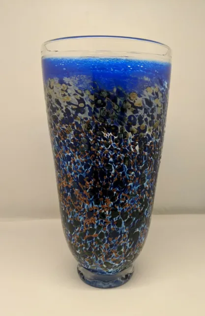 Magnor Norway Vulcan Art Glass Vase Mouth Blown 13" Cobalt & Bronze