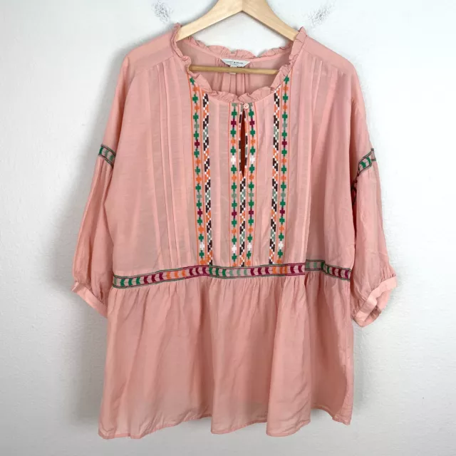 Lucky Brand Womens Plus 3X Pink Embroidered Peasant Blouse Short Sleeve Shirt