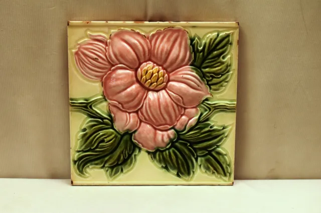 Antique Tile Art Nouveau Majolica DK Japan Ceramic Floral Embossed Leaf Old"U97