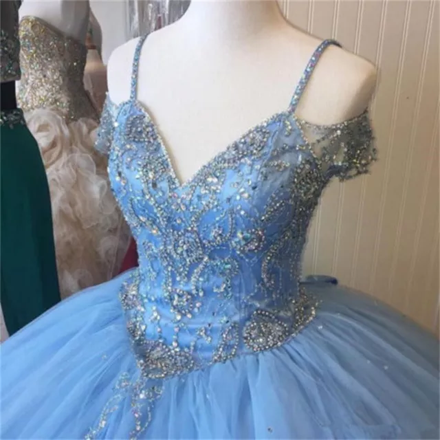 Cinderella Blue Off Shoulder Quinceanera Dresses Beaded Puffy Sweet 16 Prom Gown