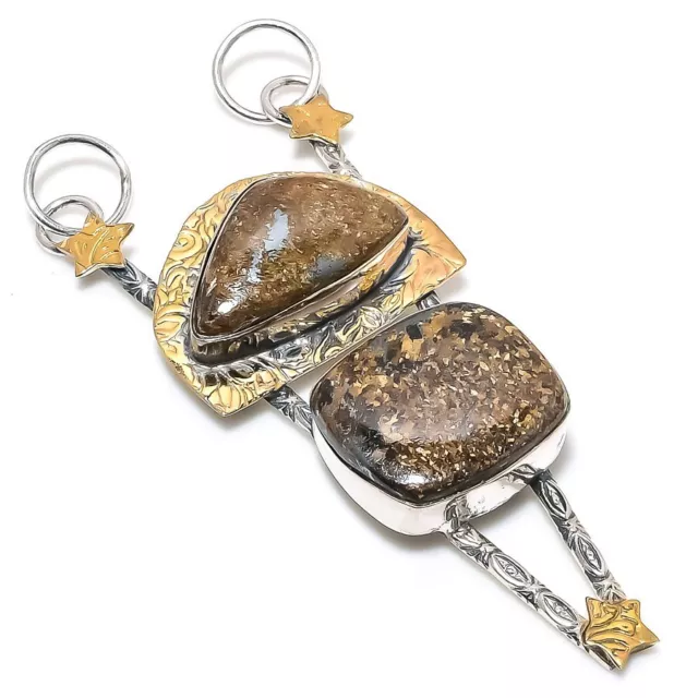 Natural Bronzite Gemstone 925 Sterling Silver Two Tone Pendant 3.39" Gift j821