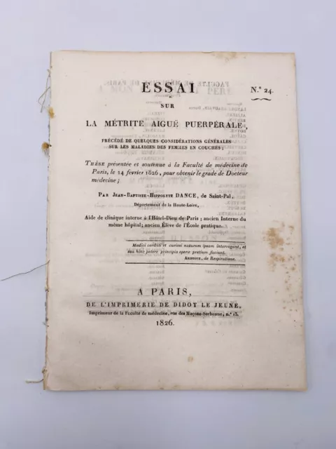 Essai sur la métrite aiguë puerpérale - Jean-Baptiste-Hippolyte Dance - 1826