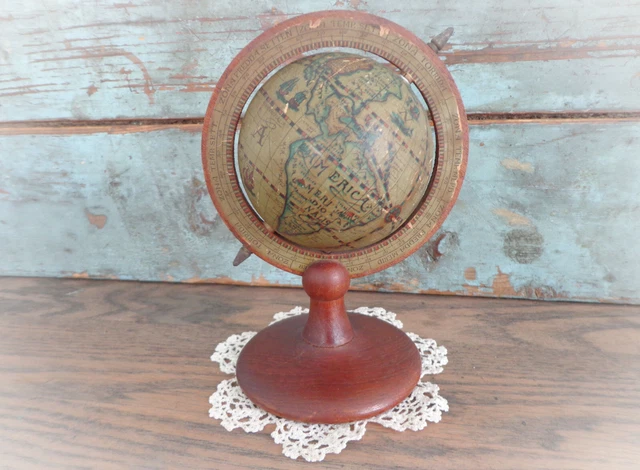 vintage Old World Italian table top globe wooden pedestal Italy