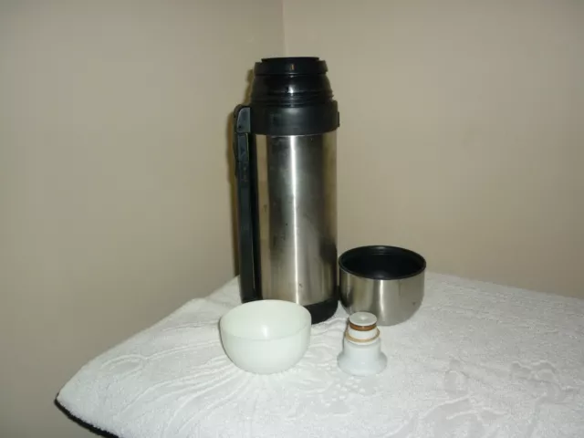 Arcosteel 1.5 Litre Stainless Steel Flask with 2 Cups Good Condition Some Marks