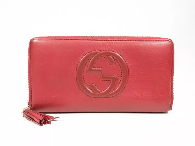 GUCCI SOHO Long Wallet Purse Zip Around Leather Tassel Red Authentic