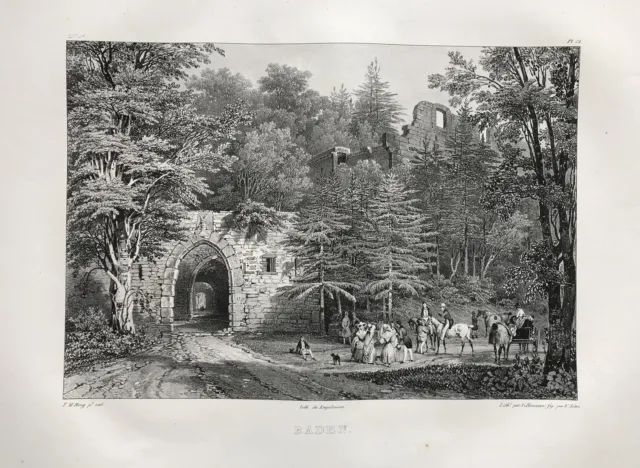 Baden-Baden Hohenbaden Burg Ruinen Lithographie Villeneuve de Ring 1829