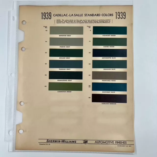 1939 Cadillac car exterior paint color chip chart sheet sample Sherwin-Williams