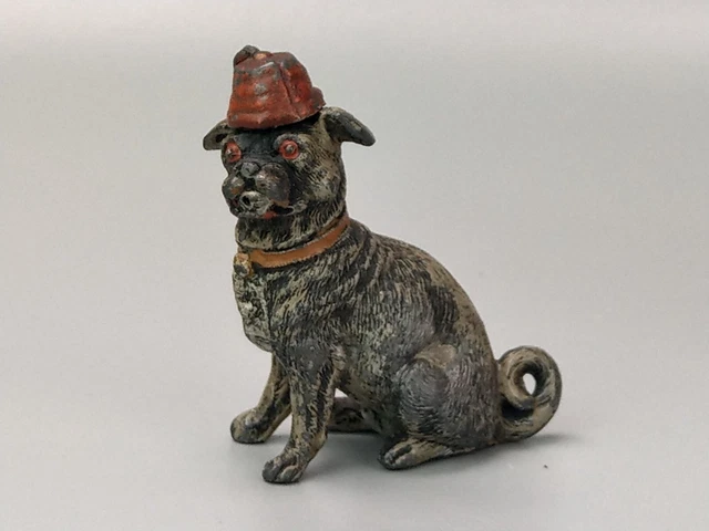 Antique Miniature Pug Dog wearing fez Figurine Continental cold painted spelter
