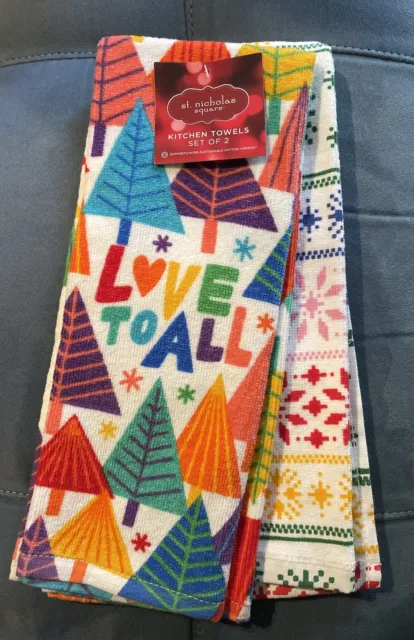 St Nicholas Square Rainbow Christmas Trees Kitchen Towels Set Of 2 Love To All