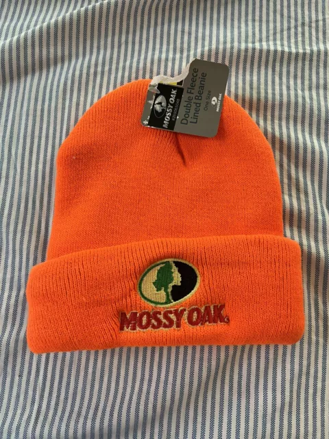 Mossy Oak Double Fleece Lined Beanie Hat Orange Thick & Warm Heavy Knit Logo