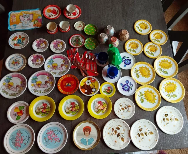 Vintage 70s? Metal Tin/plastic Kids Child Play Dishes 50+ Pieces