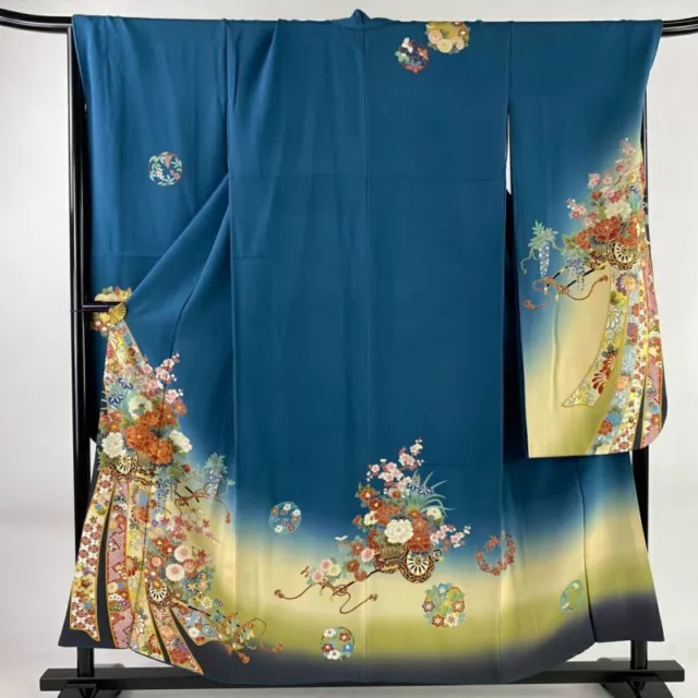 JAPANESE KIMONO FURISODE LONG SLEEVES LADIES WOVEN SILK GOLD and SILVER 155cm