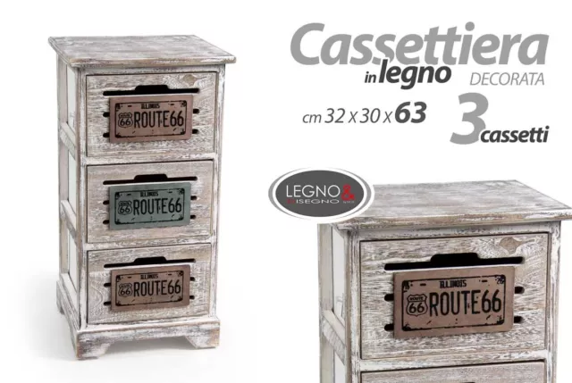 Cassettiera colonna in legno antica vintage route 66 con 3 cassetti GG2285