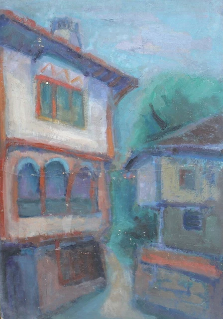 Antique oil painting old traditional houses street view landscape
