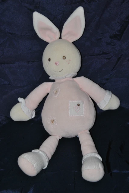 Peluche Doudou Lapin Rose & Crème NOUNOURS Coeur Brodé  31/39 Cm Etat NEUF