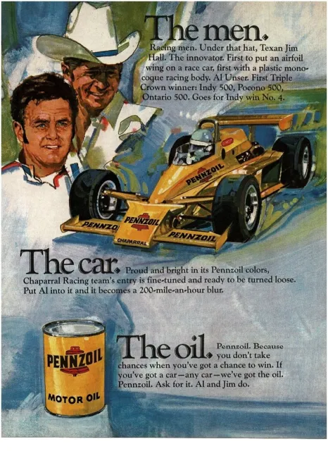 1979 PENNZOIL Motor Oil JIM HALL, AL UNSER art Vintage Print Ad