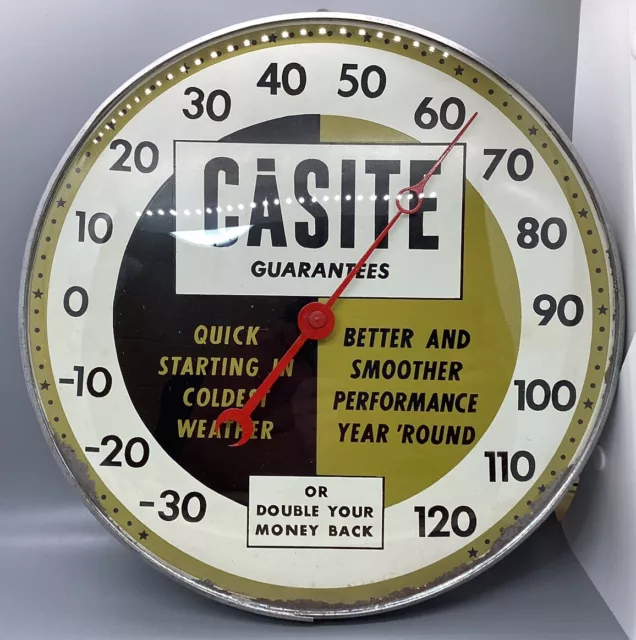 Vintage 12" Casite Round Glass Faced Thermometer Sign