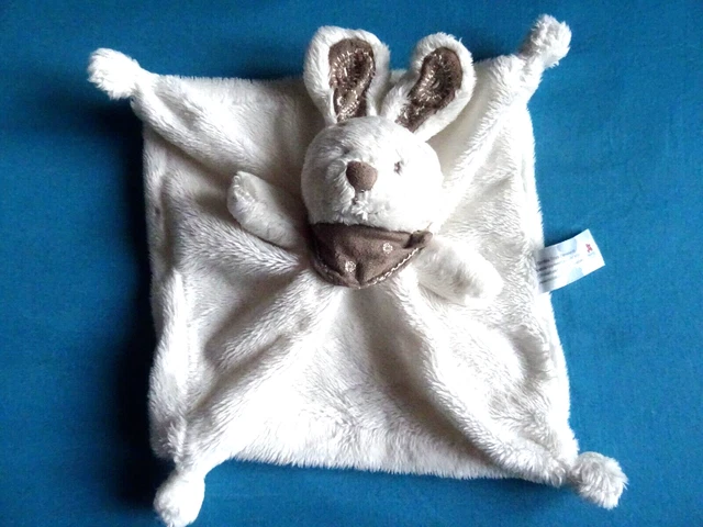 Doudou Carre Lapin Nicotoyblanc Creme  Bandana Et Oreilles Taupe