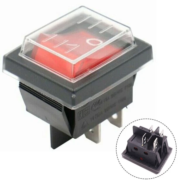 Interrupteur à Bascule étanche 2 Pôles - 16A 250V - Montage Encastrable 30x22mm - Rouge éclairé - Couvercle De Protection - Pour Boîtier étanche