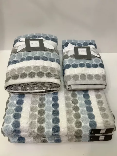 Soho Living 2 Bath 2 Hand 4 Washcloth Towel Set Stripes Tiles Geometrical  NWT
