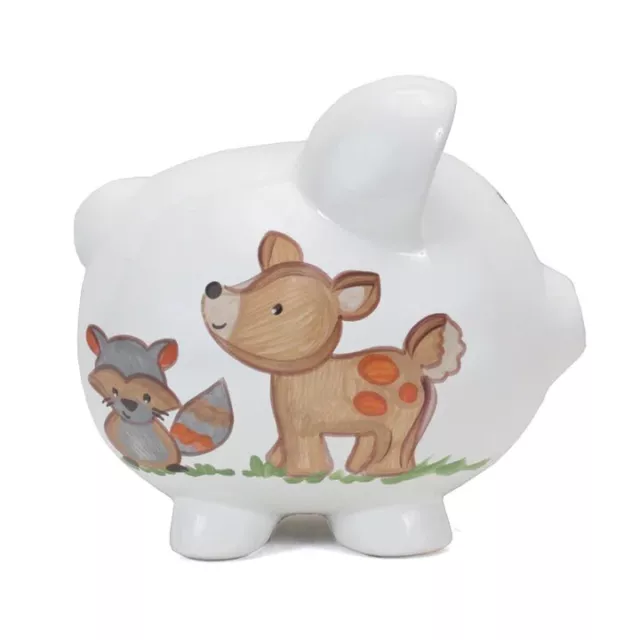 Child to Cherish Ceramic Piggy Bank White Woodlands Fox Deer Raccoon VGC