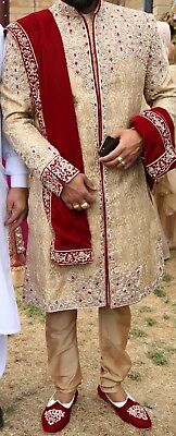 Pakistani Indian mens wedding sherwani With Kulla, Scarf And Shoes