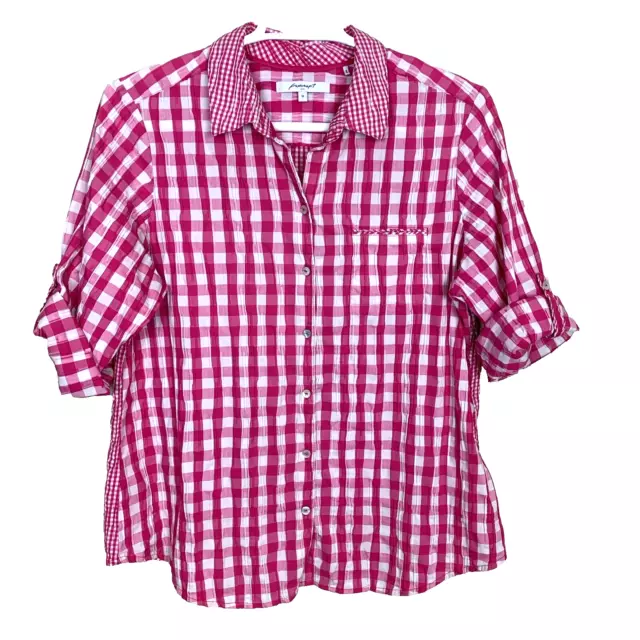 Foxcroft 3/4 Roll Tab Sleeve Button Up Shirt Pink White Gingham Check Womens 18