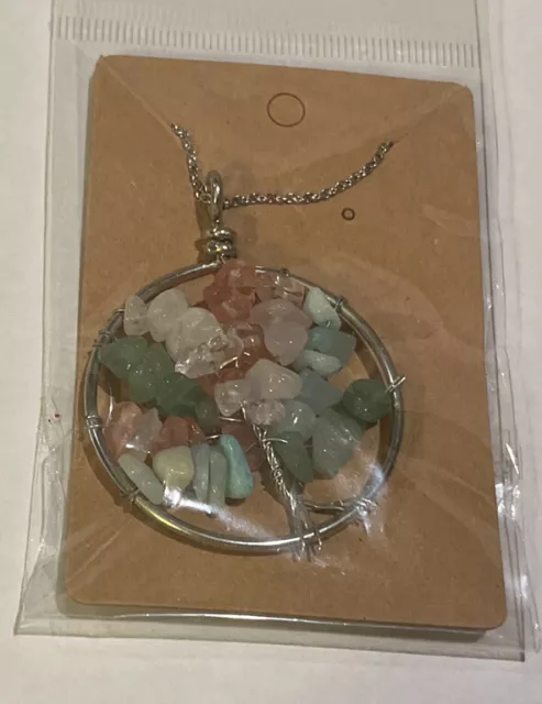 Natural Gemstone Tree of Life Pendant Necklace Healing Crystal Charm