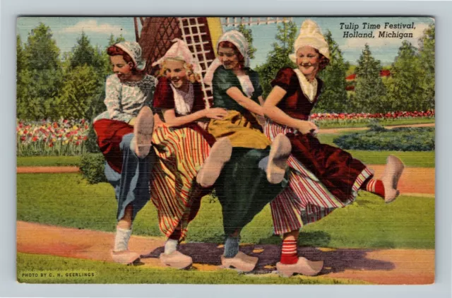 Holland MI, Tulip Time Festival, Dutch Girls Dancing, Michigan Vintage Postcard
