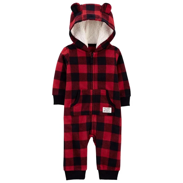 Carter’s Baby Boy Hooded Jumpsuit 3 Months Red Black Buffalo Plaid Fleece NWT
