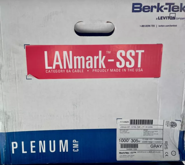 BERK-TEK, Leviton 1000ft  GRAY CAT6A Plenum CMP SST reel it ez brake box 🧨