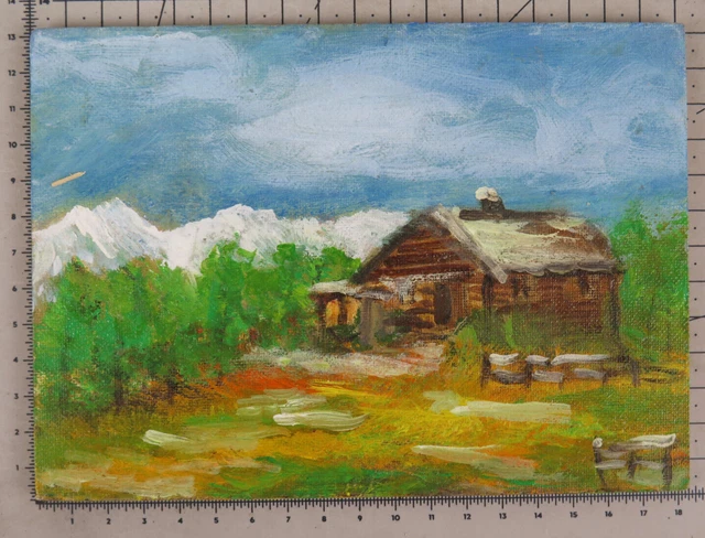 18x13 CM Pequeño Cuadro Paisaje Montaña Pintado Óleo En Mesa Vintage X13