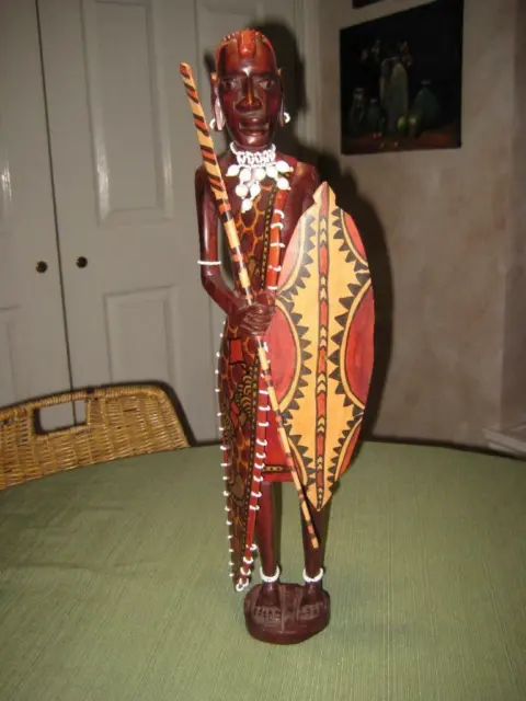 Vintage African Carved Painted Beaded Wood Masai Kenya Tribe Warrior Sculpture