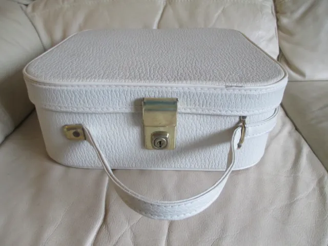 Vintage Vanity Case - Ivory Off White Cream - With Red Lining - Adjustable Strap