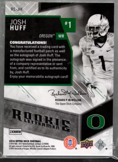 A6812- 2014 Upper Deck Rookie Letterman Autographs #RLJH Josh Huff/75 Auto Patch 2