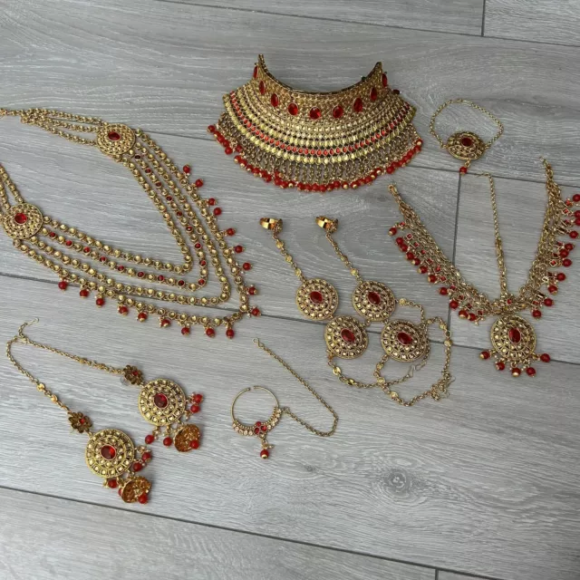 Indian Dulhan Bridal Wedding Full Jewellery 9 Piece Set, Red and Gold