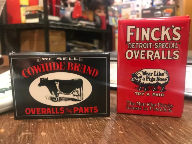 nostalgic "COWHIDE BRAND" & "FINCK'S overalls" FULLY BACKED refrigerator MAGNETS