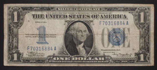 1934 $1 Funnyback Silver Certificate Note - Fr. 1606