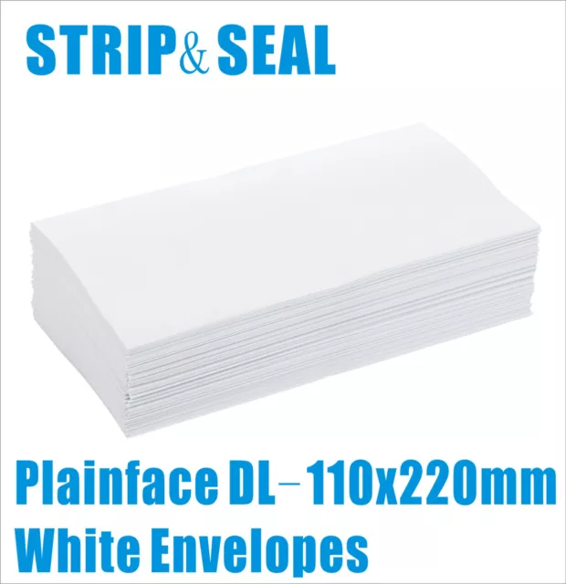 1000x DL White Business Envelope Strip N Seal Plain Face Wallet 110x220mm 90GSM