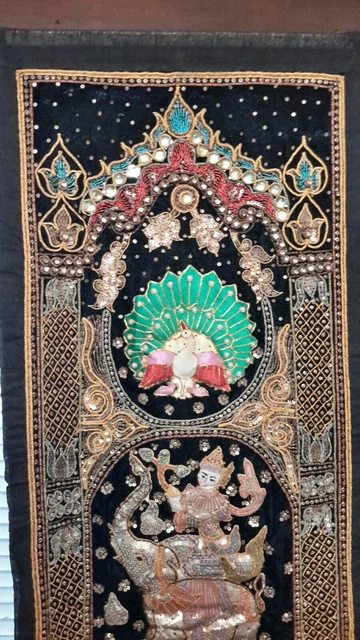 Vintage Thai Burmese TAPESTRY Hand Embroidered Jeweled Wall Hanging