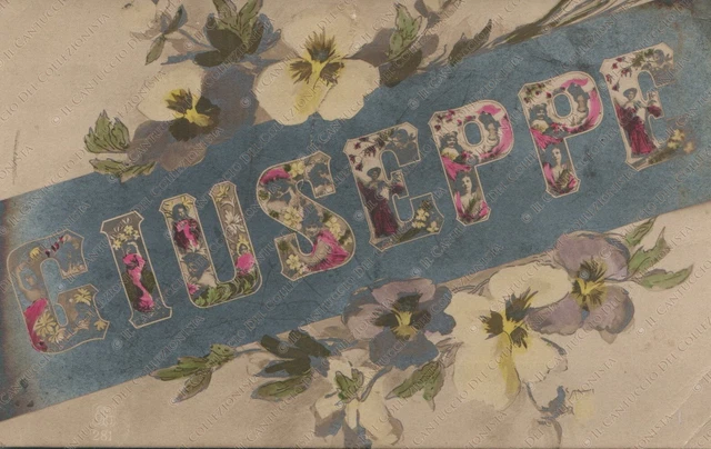 1900c Buon Onomastico Giuseppe con fiori e donne Cartolina