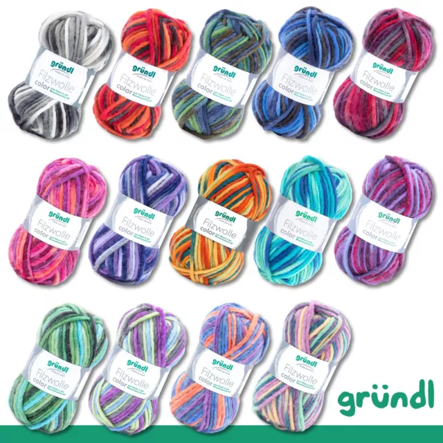 Gründl 50 g Filzwolle Color Stricken Schurwolle Filzschuhe Taschen 14 Farben