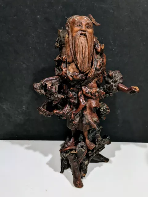 Chinese God of longevity Shou Lao large root wood carved figurine approx 16.5"H
