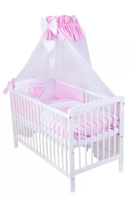 Babybett J mit 10tlg Komplett-Set Bettwäsche Matratze Nestchen Herzchen rosa Neu