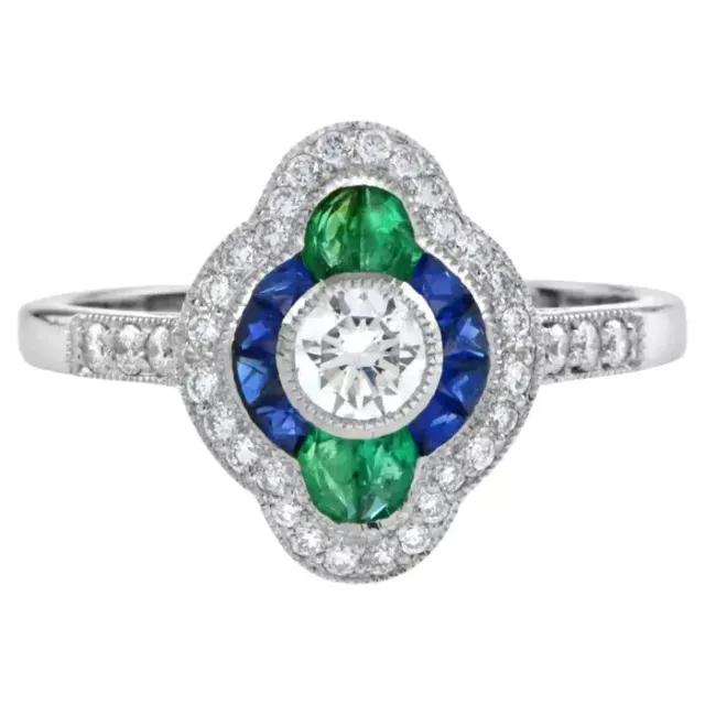 Gorgeous Art Deco Design White Cubic Zirconia Blue Sapphire & Green Emerald Ring