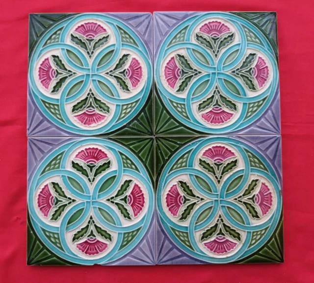 4 Piece Old Art Floral Embossed Design Majolica Ceramic Tiles Japan 0259