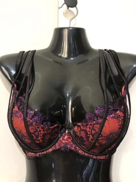 Honey Birdette 12DD Bra Black Orange Pink Lace Strappy Push Up Diamantés EUC