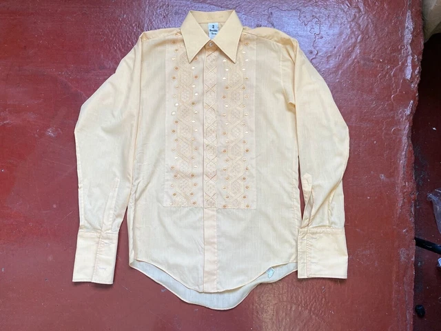 Camicia da discoteca gialla doppia da uomo due anni '70 made in England colletto motivo doppio